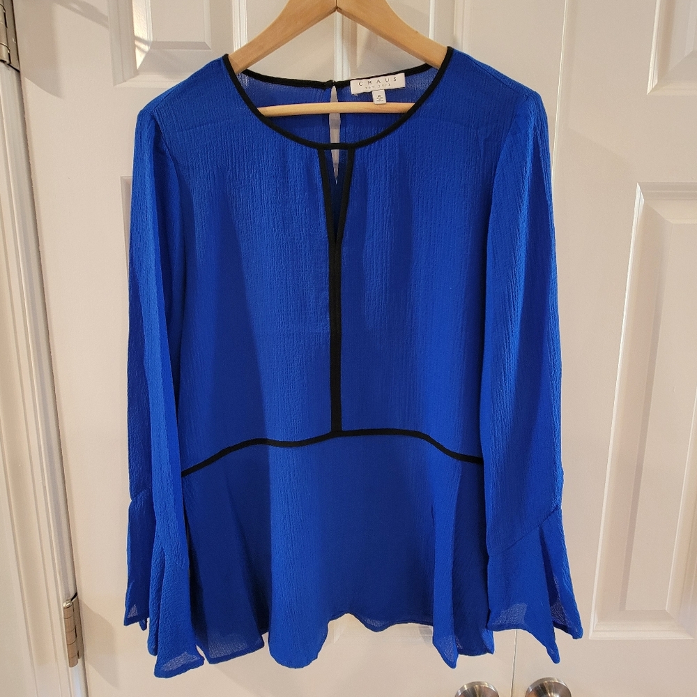Chaus New York Royal Blue Black Blouse Women's Medium Bell Sleeves